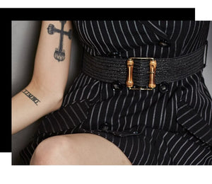 Women Stripe V-Neck Double Breasted Sleeveless High Waist Bodycon Mini Dress With Belt Elegant Office OL Lady Dresses