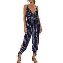 Load image into Gallery viewer, Women Striped Jumpsuit Split Rompers  V Neck Pockets Tie Waist Spaghetti Straps Summer Romper Outfits Overalls Femme Jumpsuit