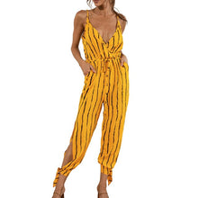 Load image into Gallery viewer, Women Striped Jumpsuit Split Rompers  V Neck Pockets Tie Waist Spaghetti Straps Summer Romper Outfits Overalls Femme Jumpsuit