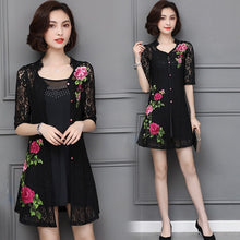 Load image into Gallery viewer, Women Summer Basic Beading Sling Dress + Lace Floral Half Sleeve Jacket 2 Piece Vintage Slim Plus Size Mini Dress Ladies 6XL