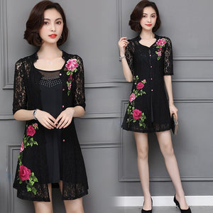 Women Summer Basic Beading Sling Dress + Lace Floral Half Sleeve Jacket 2 Piece Vintage Slim Plus Size Mini Dress Ladies 6XL