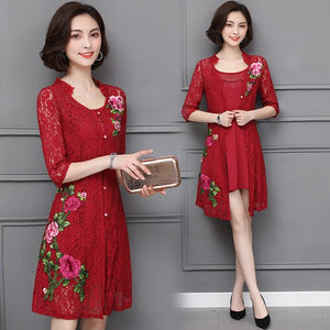 Women Summer Basic Beading Sling Dress + Lace Floral Half Sleeve Jacket 2 Piece Vintage Slim Plus Size Mini Dress Ladies 6XL