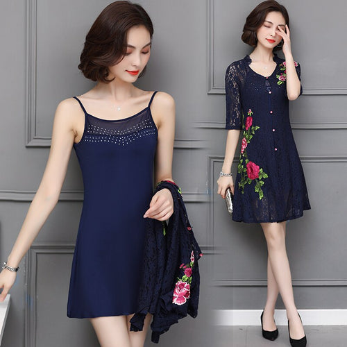 Women Summer Basic Beading Sling Dress + Lace Floral Half Sleeve Jacket 2 Piece Vintage Slim Plus Size Mini Dress Ladies 6XL