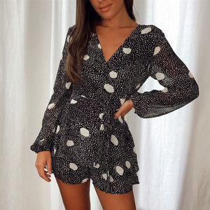 Women Summer Black Playsuit Long Sleeves Cute Ruffle Dot Print Romper Summer Sexy Deep V-neck Lace Up Playsuit Sweet Outfits