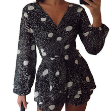 Load image into Gallery viewer, Women Summer Black Playsuit Long Sleeves Cute Ruffle Dot Print Romper Summer Sexy Deep V-neck Lace Up Playsuit Sweet Outfits