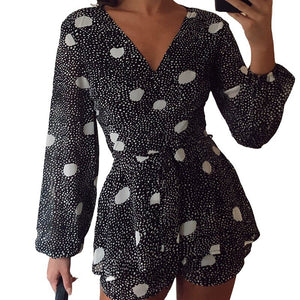 Women Summer Black Playsuit Long Sleeves Cute Ruffle Dot Print Romper Summer Sexy Deep V-neck Lace Up Playsuit Sweet Outfits