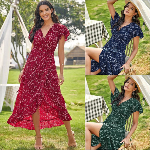 Women Summer Bohemian Floral Casual Wrap V Neck Ruffle Cap Short Sleevele Belt A-Line Pleated Hem Swing Midi Sun Dress