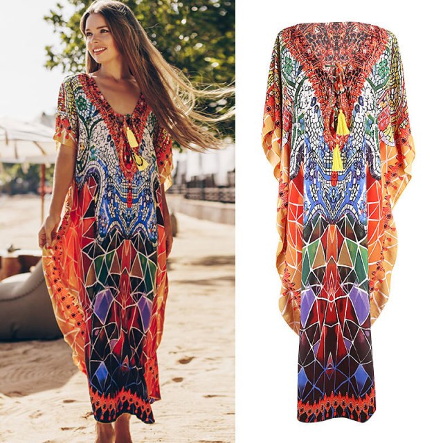 Women Summer Boho Beach Cover Ups Swimwear Feminino Embroidery Blouse Long Floral Print Camisa Feminina 2021 Dress Outerwear