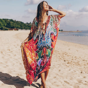 Women Summer Boho Beach Cover Ups Swimwear Feminino Embroidery Blouse Long Floral Print Camisa Feminina 2021 Dress Outerwear