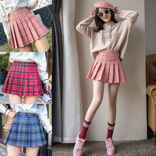 Women Summer Bottom Pink Plaid Mini Skirt Femme High Waist Pleated Skirts for Female Sport Training Skirt Uniform Tennis Skirts
