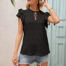 Load image into Gallery viewer, Women Summer Bow Lace Up Blouses Soild O-Neck Ruffles Short Sleeve Hook Flower Hollow Shirt Ladies Cute Fashion Tops Blusa Mujer