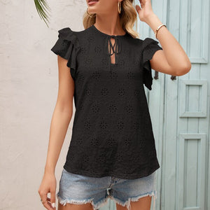Women Summer Bow Lace Up Blouses Soild O-Neck Ruffles Short Sleeve Hook Flower Hollow Shirt Ladies Cute Fashion Tops Blusa Mujer
