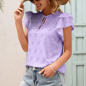 Women Summer Bow Lace Up Blouses Soild O-Neck Ruffles Short Sleeve Hook Flower Hollow Shirt Ladies Cute Fashion Tops Blusa Mujer