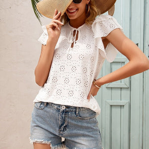 Women Summer Bow Lace Up Blouses Soild O-Neck Ruffles Short Sleeve Hook Flower Hollow Shirt Ladies Cute Fashion Tops Blusa Mujer