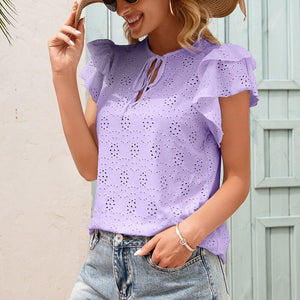 Women Summer Bow Lace Up Blouses Soild O-Neck Ruffles Short Sleeve Hook Flower Hollow Shirt Ladies Cute Fashion Tops Blusa Mujer