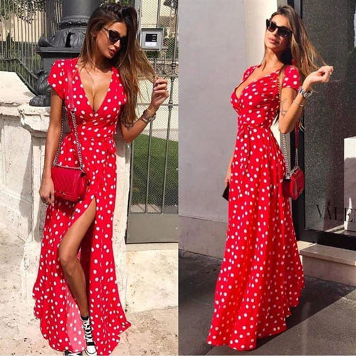 Women Summer Casual Polka Dot Print Black Maxi Dress Sexy Deep V-neck Short Sleeve Long Vintage Dresses Plus Size Women Clothing