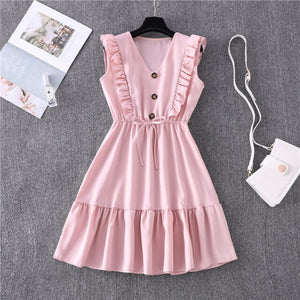 Women Summer Dress Casual Boho Beach Ruffles 2021 Mini Dress Party Sexy V-Neck High Waist Female Dresses