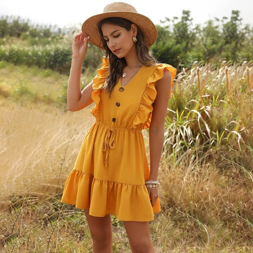 Women Summer Dress Casual Boho Beach Ruffles 2021 Mini Dress Party Sexy V-Neck High Waist Female Dresses