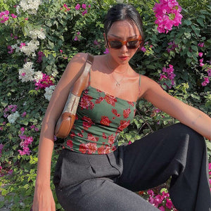 Women Summer Floral Print Tanks Camis Tops Sleeveless Cotton Bustier Unpadded Bandeau Crop Top Spaghetti Strap Camisole Tank Top