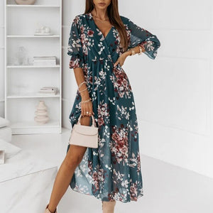 Women Summer Floral Y2k Print Slit Dress Female Casual Elegant Party Dress Vestidos Sexy Button V Neck Short Sleeve Long Dresses