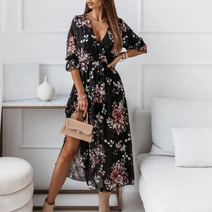 Women Summer Floral Y2k Print Slit Dress Female Casual Elegant Party Dress Vestidos Sexy Button V Neck Short Sleeve Long Dresses