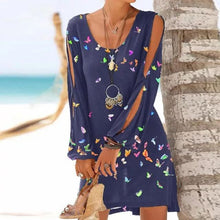 Load image into Gallery viewer, Women Summer Ladies Beach Dress Loose Long Sleeve Hollow Out O Neck Butterfly Print Mini Dresses Plus Size