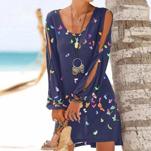 Women Summer Ladies Beach Dress Loose Long Sleeve Hollow Out O Neck Butterfly Print Mini Dresses Plus Size