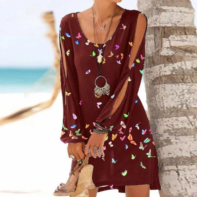 Women Summer Ladies Beach Dress Loose Long Sleeve Hollow Out O Neck Butterfly Print Mini Dresses Plus Size