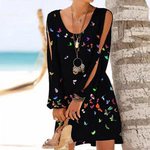 Load image into Gallery viewer, Women Summer Ladies Beach Dress Loose Long Sleeve Hollow Out O Neck Butterfly Print Mini Dresses Plus Size