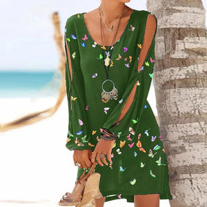 Women Summer Ladies Beach Dress Loose Long Sleeve Hollow Out O Neck Butterfly Print Mini Dresses Plus Size