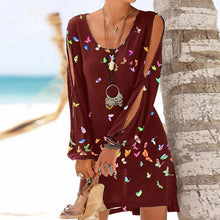 Load image into Gallery viewer, Women Summer Ladies Beach Dress Loose Long Sleeve Hollow Out O Neck Butterfly Print Mini Dresses Plus Size