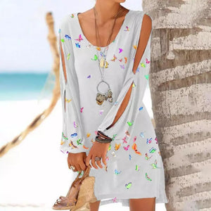 Women Summer Ladies Beach Dress Loose Long Sleeve Hollow Out O Neck Butterfly Print Mini Dresses Plus Size