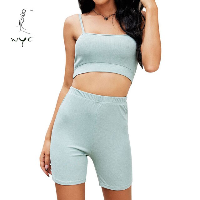 Women Summer Sexy Fashion Camisole Skinny 2 Piece Set Female Clothing Sets Ladies Solid Clothing Sleeveless Crop Top Shorts Suit