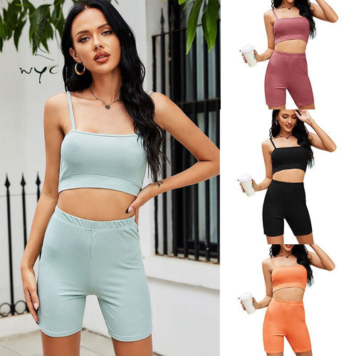 Women Summer Sexy Fashion Camisole Skinny 2 Piece Set Female Clothing Sets Ladies Solid Clothing Sleeveless Crop Top Shorts Suit