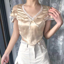 Load image into Gallery viewer, Women Summer Sexy Off Shoulder Lace Patchwork Tank Tops Fashion Solid Satin Bustier Short Sleeve V-neck Club Corp Tops For Women