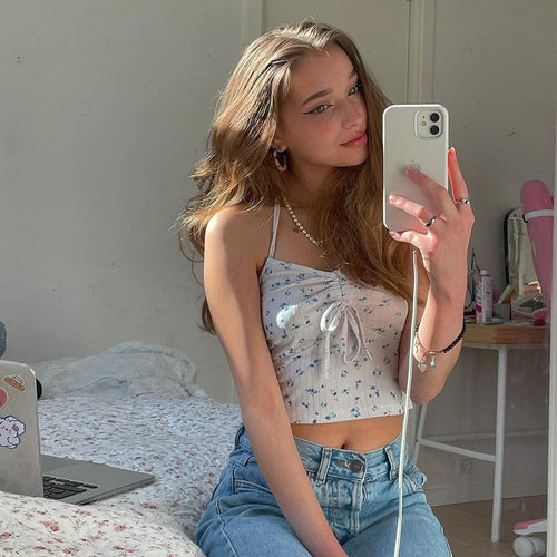 Women Summer Staghetti V Neck Corset Top Straps 2021 Summer Floral Print Camisoles Slim Clothes White Sleeveless Club Crop Tops