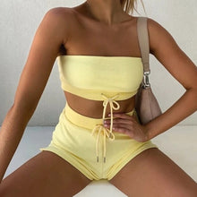 Load image into Gallery viewer, Women Summer Strapless Crop Top and Shorts 2 Piece Set Pink Yellow Tie Hoodie Casual Outfit Solid Comfort Lounge Set