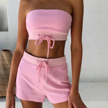 Load image into Gallery viewer, Women Summer Strapless Crop Top and Shorts 2 Piece Set Pink Yellow Tie Hoodie Casual Outfit Solid Comfort Lounge Set