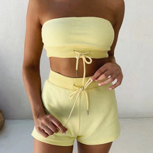 Load image into Gallery viewer, Women Summer Strapless Crop Top and Shorts 2 Piece Set Pink Yellow Tie Hoodie Casual Outfit Solid Comfort Lounge Set