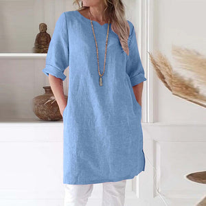 Women Summer Three Quarter Dress Casual Loose O-Neck Cotton Miniskirt Beach Sun Dress Street Outfit Plus Size 3XL