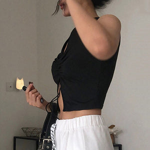 Women Summer Top Clothes T-shirt Front Slit With Open Neckline Corset Treetwear Top Skinny Tight Knit Women Pulover  Vest Bustie