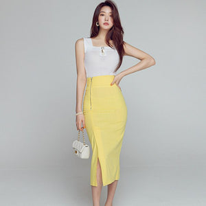 Women Summer Two Piece Set Korean Style Office Lady Fashion Sleeveless Knitted Tops and High Waist Split Bodycon Skirt Suits