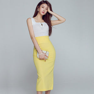 Women Summer Two Piece Set Korean Style Office Lady Fashion Sleeveless Knitted Tops and High Waist Split Bodycon Skirt Suits