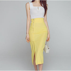 Women Summer Two Piece Set Korean Style Office Lady Fashion Sleeveless Knitted Tops and High Waist Split Bodycon Skirt Suits