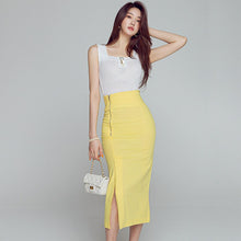 Load image into Gallery viewer, Women Summer Two Piece Set Korean Style Office Lady Fashion Sleeveless Knitted Tops and High Waist Split Bodycon Skirt Suits