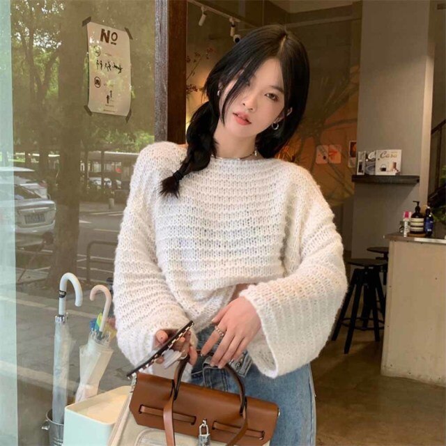 Women Sweater Streetwear Knitted Solid Ladies Sweater Elegant Jumper Long Sleeve O-neck Pullover Pink Top Winter Autumn Sweaters