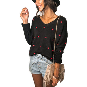 Women Sweaters Casual Love Loose Pullovers Female Long Sleeve V Neck Knitting Tops 2021 Autumn Winter Fashion Vintage Sweater