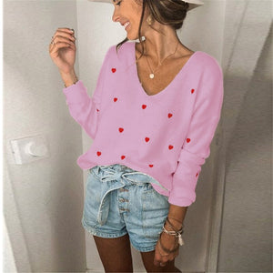 Women Sweaters Casual Love Loose Pullovers Female Long Sleeve V Neck Knitting Tops 2021 Autumn Winter Fashion Vintage Sweater