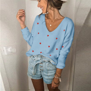 Women Sweaters Casual Love Loose Pullovers Female Long Sleeve V Neck Knitting Tops 2021 Autumn Winter Fashion Vintage Sweater