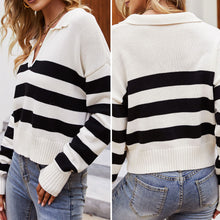 Load image into Gallery viewer, Women Sweaters Long Sleeve V-neck Sweater Black White Striped Pure Cotton Knit Loose Vintage Simple Elastic Ribbed Hem Pullovers